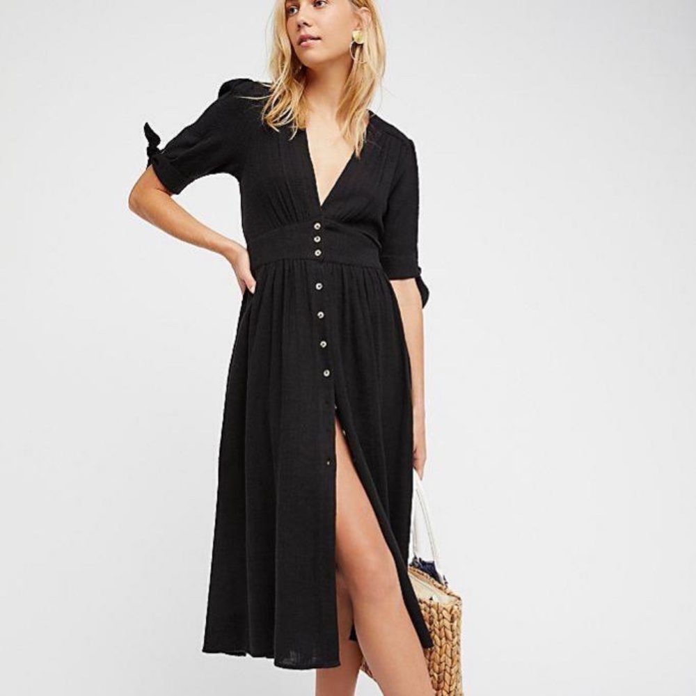 Free People Black Linen XS Love Of My Life Midi Dress